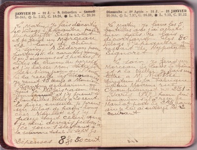 <p>— Samedi 20 JANVIER.<br class='autobr' />
Le matin : Je fais décortiquer<br class='autobr' />
40 kilos d'épeautre pour<br class='autobr' />
Hypolytte Signoret<br class='autobr' />
et je fends un morceau<br class='autobr' />
de bois de chêne</p>
<p>Le soir : A Séderon pour<br class='autobr' />
porter 4 kg de carottes rouges<br class='autobr' />
2 ou 3 oignons et 3 petites<br class='autobr' />
têtes de choux au percepteur<br class='autobr' />
et j'y laisse mon titre de<br class='autobr' />
pension pour qu'il l'envoie<br class='autobr' />
à la recette des Finances<br class='autobr' />
Je remets 15 œufs à Monsieur<br class='autobr' />
Canton gendarme qui<br class='autobr' />
/me reste dû/<br class='autobr' />
puis Je me fais raser chez <br class='autobr' />
Emmanuel et j'y prends <br class='autobr' />
5 bouteilles vides à 20 cent.<br class='autobr' />
la pièce Ensuite je prends<br class='autobr' />
un kilo de pain long<br class='autobr' />
chez Moullet et j'y<br class='autobr' />
paye tout celui que <br class='autobr' />
je lui devais jusqu'à <br class='autobr' />
ce jour s'élevant à<br class='autobr' />
la somme totale de sept F.
<br />— Dépenses : 8 F 50 cent.
<br />— Dimanche 21 JANVIER.<br class='autobr' />
Le matin : Je lave les 5<br class='autobr' />
bouteilles que j'ai acheté<br class='autobr' />
hier puis : je fais<br class='autobr' />
décortiquer les 80<br class='autobr' />
kilos d'épeautre qui<br class='autobr' />
restait de Hypolyte<br class='autobr' />
Signoret</p>
<p>Le soir : Je fends un<br class='autobr' />
morceau de bois de chêne<br class='autobr' />
et A la veillée : Je fais une<br class='autobr' />
lettre à M. Mathé<br class='autobr' />
Directeur de la Fabrique<br class='autobr' />
de Literie Moderne rue<br class='autobr' />
Championnet n° 231 à<br class='autobr' />
Paris (18°) pour lui<br class='autobr' />
demander s'il a reçu le<br class='autobr' />
mandat-poste de 295 francs<br class='autobr' />
que je lui ai envoyé le 2<br class='autobr' />
courant</p>© Essaillon
