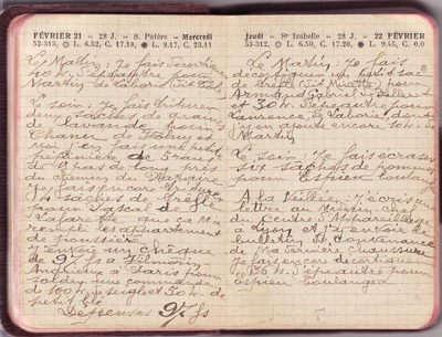 <p>— Mercredi 21 FÉVRIER. <br class='autobr' />
Le matin : Je fais décortiquer<br class='autobr' />
40 k. d'épeautre pour<br class='autobr' />
MARTIN de Laborie (dit Tole)</p>
<p>Le soir : Je fais triturer<br class='autobr' />
Deux saches de graines<br class='autobr' />
De lavande pour<br class='autobr' />
CHANU de Voluy et<br class='autobr' />
moi j'en fais une petite<br class='autobr' />
pépinière de 5 raies<br class='autobr' />
de 15 pas de long près<br class='autobr' />
du chemin du Varaire<br class='autobr' />
je fais encore triturer<br class='autobr' />
4 saches de trèfle<br class='autobr' />
Pour PASCAL de <br class='autobr' />
La Farette que ça m'a<br class='autobr' />
rempli les appartements<br class='autobr' />
de poussière<br class='autobr' />
J'envoie un chèque<br class='autobr' />
de 97 fs à VILMORIN<br class='autobr' />
Andrieux à Paris pour<br class='autobr' />
solder une commande<br class='autobr' />
de 100 k. de seige et 50 k. de<br class='autobr' />
petit blé</p>
<p> — Dépenses : 97 fs <br class='autobr' /> — Jeudi 22 FÉVRIER. <br class='autobr' />
Le matin : Je fais<br class='autobr' />
décortique un petit sac<br class='autobr' />
de trèfle (dit Minette) pour<br class='autobr' />
ARMAND Gabriel de Pelleret<br class='autobr' />
et 30 k. d'épeautre pour<br class='autobr' />
LAURENCE, de Laborie, dont<br class='autobr' />
j'y en ajoute encore 10 k. de<br class='autobr' />
MARTIN</p>
<p>Le soir : Je fais écraser<br class='autobr' />
six saches de pommes<br class='autobr' />
pour ESPIEU boulanger</p>
<p>A la veillée : J'écris une<br class='autobr' />
lettre au Médecin-chef<br class='autobr' />
du Centre d'Appareillage<br class='autobr' />
à Lyon et j'y envoie le<br class='autobr' />
bulletin de convenance<br class='autobr' />
de ma dernière chaussure<br class='autobr' />
je fais encore décortiquer<br class='autobr' />
36 k. d'épeautre pour<br class='autobr' />
ESPIEU boulanger</p>© Essaillon
