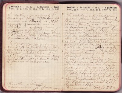 Agenda du Lilet 1923 <p>— Jeudi 4 JANVIER. Le matin : Je repars d'<br class='autobr' />
Orange vers 5 h 40 et<br class='autobr' />
arrive au Buis à 9 h.<br class='autobr' />
Ensuite j'arrive ici à<br class='autobr' />
midi. Je paye de<br class='autobr' />
nouveau 6 F de place à l'<br class='autobr' />
autobus et je prend un verre<br class='autobr' />
à St Auban-sur-l'Ouvèze avec<br class='autobr' />
Deméans de Laborel.<br class='autobr' />
Le soir : Je me repose<br class='autobr' />
puis : A la veillée : je vais<br class='autobr' />
au Gros-Noyer pour voir<br class='autobr' />
Bordel Adolphe qui <br class='autobr' />
est venu me soigner mon<br class='autobr' />
bétail durant mes<br class='autobr' />
2 jours d'absence. <br />— Recette : Néant<br class='autobr' />
Dépenses : 7 F
<br />— Vendredi 5 JANVIER. Le matin : A Séderon<br class='autobr' />
pour aller voir Bernard<br class='autobr' />
bourrelier pour qu'il <br class='autobr' />
vienne demain pour tuer<br class='autobr' />
le cochon. Je prend 6<br class='autobr' />
assiettes plates (5 F) 5 jolis<br class='autobr' />
verres de 1 F pièce et pour<br class='autobr' />
1 F de sel et poivre le tout<br class='autobr' />
chez C. Jarjayes qui me<br class='autobr' />
remet 7 F 50 me revenant<br class='autobr' />
de la part de la fabrication du<br class='autobr' />
cidre de Jules Aumage.<br class='autobr' />
Je prends pour 4 F 50 c<br class='autobr' />
de pain long chez Louis<br class='autobr' />
Moullet.<br class='autobr' />
Le soir, A la veillée : Je<br class='autobr' />
retourne à Séderon pour<br class='autobr' />
aller chercher une livre de<br class='autobr' />
pâtes pour la soupe 1 F 20,<br class='autobr' />
100 g de café 1 F 10 et pour <br class='autobr' />
1 F 30 de biscuits puis je<br class='autobr' />
prends 1 litre de pétrole 1F 35<br class='autobr' />
chez Constantin et j'y paye<br class='autobr' />
le hachoir à viande 40 F
<br />— Recettes : 9 F<br class='autobr' />
Dépenses : 60 F 35 c</p>© Essaillon