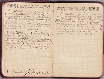 <p>— Samedi 3 FÉVRIER. <br class='autobr' />
Le matin : Je fais<br class='autobr' />
décortiquer 24 kg d'<br class='autobr' />
épeautre pour Adrien<br class='autobr' />
Gilly de Pelleret-Aumage</p>
<p>Le soir : Je lave 3 chemises<br class='autobr' />
2 caleçons 2 serviettes et<br class='autobr' />
3 tricots de dessous</p>
<p>A la veillée : A Séderon<br class='autobr' />
pour m'aller faire<br class='autobr' />
raser (40 cent.) et apporter<br class='autobr' />
pour 4 F 65 de pain<br class='autobr' />
de chez Espieu et j'y<br class='autobr' />
paye le dernier que <br class='autobr' />
j'y ai pris le 28 janvier.
<br />— Dépenses : 7 F 40 cent. <br />— Dimanche 4 FÉVRIER. <br class='autobr' />
Le matin : Je lave encore<br class='autobr' />
une maivaise nappe en toile<br class='autobr' />
de chanvre puis Hypolytte<br class='autobr' />
Signoret étant venu<br class='autobr' />
m'aider, nous ventons<br class='autobr' />
ses cent kilos d'<br class='autobr' />
épeautre et nous la<br class='autobr' />
rafinons dans le cours<br class='autobr' />
de l'après-midi</p>© Essaillon
