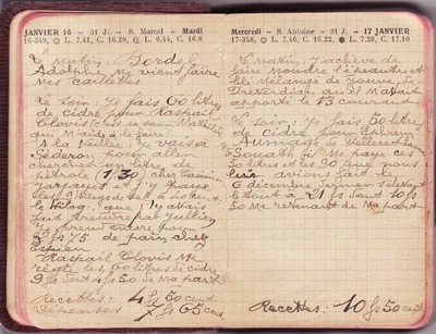 <p>— Mardi 16 JANVIER.<br class='autobr' />
Le matin : Bordel<br class='autobr' />
Adolphe me vient faire<br class='autobr' />
mes caillettes</p>
<p>Le soir : Je fais 60 litres<br class='autobr' />
de cidre pour Raspail<br class='autobr' />
Clovis (c'est sa sœur Mathilde<br class='autobr' />
qui m'aide à le faire)</p>
<p>A la veillée : Je vais à<br class='autobr' />
Séderon pour aller <br class='autobr' />
chercher un litre de<br class='autobr' />
pétrole (1 F 30) chez Casimir<br class='autobr' />
Jarjayes et j'y paye<br class='autobr' />
les 9 kilos de sel à 40 cent.<br class='autobr' />
le kilo, que j'y avais<br class='autobr' />
fait prendre par Jullien<br class='autobr' />
Je prends encore pour <br class='autobr' />
2 F 75 de pain chez<br class='autobr' />
Espieu<br class='autobr' />
Raspail Clovis me <br class='autobr' />
règle les 60 litres de cidre<br class='autobr' />
9 F dont 4 F 50 de ma part.
<br />— Recettes :	4 F 50 cent ;<br class='autobr' />
Dépenses : 7 F 65 cent.
<br />— Mercredi 17 JANVIER.<br class='autobr' />
Le matin : J'achève de<br class='autobr' />
faire moudre l'épeautre et<br class='autobr' />
blé mélangé de Jouve de<br class='autobr' />
Préverdian qu'il m'avait<br class='autobr' />
apporté le 13 courant</p>
<p>Le soir : Je fais 50 litres<br class='autobr' />
de cidre pour Ephrem<br class='autobr' />
Aumage de Pelleret hameau<br class='autobr' />
de Sonath. il me paye ces<br class='autobr' />
50 litres et les 90 que nous<br class='autobr' />
lui avions fait le<br class='autobr' />
6 décembre dernier s'élevant<br class='autobr' />
le tout à 21 F dont 10 F<br class='autobr' />
50 me revenant de ma part.
<br />— Recettes :	10 F 50 cent.</p>© Essaillon
