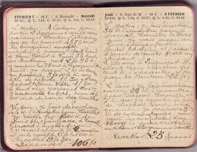 <p>— Mercredi 7 FÉVRIER. <br class='autobr' />
Le matin : A Séderon pour<br class='autobr' />
porter 2 douzaines d'œufs aux<br class='autobr' />
gendarmes Canton et Frégières<br class='autobr' />
qui me les payent 4 F 75 cent.<br class='autobr' />
la douzaine Ensuite j'<br class='autobr' />
expédie le paquet (fait hier)<br class='autobr' />
à Henri Cérès à Lyon 55 boul=<br class='autobr' />
des Brotteaux port 2 F 95 c<br class='autobr' />
y compris les 35 cent de recommandt<br class='autobr' />
Puis je prends 2 kg de sucre<br class='autobr' />
en poudre 3 F 10 le kg un<br class='autobr' />
litre de pétrole 1 F 30 et un <br class='autobr' />
bocal en verre vide 1 F 50<br class='autobr' />
le tout chez Jarjayes Casir<br class='autobr' />
J'apporte encore pour 4 F<br class='autobr' />
10 cent. de pain de chez Moullet</p>
<p>Le soir : Je fais décortiquer<br class='autobr' />
44 g d'épeautre pour Coullet<br class='autobr' />
Je règle les 1500 kg de<br class='autobr' />
bois de chauffage à Camille<br class='autobr' />
Girard d'Eygalayes qu'il<br class='autobr' />
m'avait apporté le 2 janvier<br class='autobr' />
Il me le compte 6 F les 100 kg
<br />— Recettes :	9 F 50 c <br class='autobr' />
Dépenses : 106 F
<br />— Jeudi 8 FÉVRIER. <br class='autobr' />
Le matin : Je fais décortiquer<br class='autobr' />
36 kg d'épeautre pour<br class='autobr' />
Pascal Camille de Vers<br class='autobr' />
Puis : je vais jusqu'au<br class='autobr' />
Gros Noyer voir<br class='autobr' />
Bordel Adolphe et j'apporte<br class='autobr' />
2 fagots de genêts morts en<br class='autobr' />
revenant<br class='autobr' />
Le fils aîné de Signoret H.<br class='autobr' />
étant venu chercher ses<br class='autobr' />
cent kg d'épeautre il me<br class='autobr' />
paye la mouture (25 F)</p>
<p>Le soir : Je fais décortiquer<br class='autobr' />
encore 28 kg d'épeautre<br class='autobr' />
pour Pascal Camille et<br class='autobr' />
7 kg que j'y ajoute de celle<br class='autobr' />
de Pascal Poule de Séderon<br class='autobr' />
Ensuite : Je prépare 3<br class='autobr' />
kg de potiron rouge pour<br class='autobr' />
faire des confitures avec<br class='autobr' />
1500 g de sucre cristallisé<br class='autobr' />
un citron et 250 grammes de dattes.
<br />— Recettes :	25 F</p>© Essaillon
