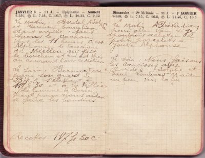 Agenda du Lilet 1923 <p>— Samedi 6 JANVIER. Le matin : Bordel Adolphe<br class='autobr' />
et Bernard bourrelier <br class='autobr' />
étant arrivés : Nous<br class='autobr' />
avons le cochon<br class='autobr' />
vers les 11 heures. C'est<br class='autobr' />
Alphonse le domestique<br class='autobr' />
de Miellou qui fait<br class='autobr' />
le boucher et qui est très<br class='autobr' />
au courant pour ce métier.<br class='autobr' />
Le soir : Bernard me<br class='autobr' />
paye son quart de<br class='autobr' />
23 kg 5 s'élevant à<br class='autobr' />
11 h 50 et à la veillée<br class='autobr' />
la femme de Bordel<br class='autobr' />
vient pour nous aider<br class='autobr' />
à faire les boudins. <br />— Recette : 117 F 50 c
<br />— Dimanche 7 JANVIER. Le matin : A Préverdian<br class='autobr' />
pour aller voir si je<br class='autobr' />
pouvais acheter 2<br class='autobr' />
petits porcelets à<br class='autobr' />
Jouve Alphonse<br class='autobr' />
Le soir : Nous faisons<br class='autobr' />
les saucisses avec<br class='autobr' />
Bordel Adolphe et<br class='autobr' />
Paul Lombard m'aide<br class='autobr' />
un peu vers la fin.</p>© Essaillon