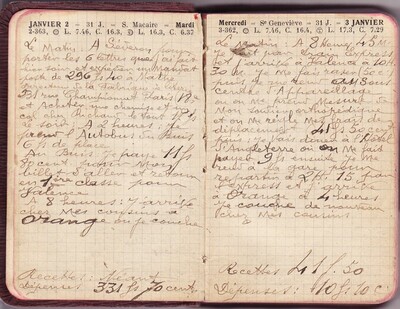 <p>— Mardi 2 JANVIER. Le matin : A Séderon pour porter les 6 lettres que j'ai fait hier soir et expedier u mandat poste de 296 F 40 à Mathé directeur de la fabrique de literie 231 rue Championnet Paris (18°) et acheter une chemise et un col chez Richaud le tout 17 F. Le soir : A 2 heures, je prend l'autobus su Buis 6 F de place Au Buis : je paye 11 F 80 c pour mon billet d'aller et retour en 1ère classe pour Valence A 8 heures : J'arrive chez mes cousins à Orange ou je couche. — Recettes : néant<br class='autobr' />
Dépenses : 331 F 70 cent.</p>
<p>— Mercredi 3 JANVIER. Le matin : A 8 heures 45 m<br class='autobr' />
Je part par train express<br class='autobr' />
et j'arrive à Valence à 10 h<br class='autobr' />
30 m. je me fais raser (50 c)<br class='autobr' />
puis je me rend au Sous<br class='autobr' />
centre d'appareillage<br class='autobr' />
ou on me prend mesure de<br class='autobr' />
mon soutien orthopédique<br class='autobr' />
et on me règle mes frais de<br class='autobr' />
déplacement (41 F 50 c)<br class='autobr' />
Puis je vais diner à l'hôtel<br class='autobr' />
d'Angleterre où on me fait<br class='autobr' />
payer 9 F ensuite je me<br class='autobr' />
rend à la gare pour repartir à 2 h 15 par<br class='autobr' />
l'express et j'arrive<br class='autobr' />
à Orange à 4 heures.<br class='autobr' />
Je couche de nouveau<br class='autobr' />
chez mes cousins. — Recettes :	41 F 50<br class='autobr' />
Dépenses : 10 F 10 c</p>© Essaillon
