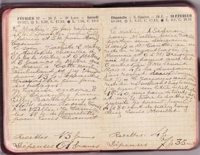 <p>— Samedi 17 FÉVRIER. <br class='autobr' />
Le matin : Je fais rafiner<br class='autobr' />
47 kg d'épeautre pour Gilly<br class='autobr' />
Adrien et 5 kg pour Morin<br class='autobr' />
Casimir</p>
<p>Le soir : J'achète 2 mètres<br class='autobr' />
de toiles de chanvre à<br class='autobr' />
6 F 50 le mètre et 6 mètres<br class='autobr' />
à 8 francs le mètre que<br class='autobr' />
je prends à Cotte marchand<br class='autobr' />
ambulant et j'y vends<br class='autobr' />
pour 13 F d'épeautre<br class='autobr' />
travaillée pour faire<br class='autobr' />
des potages<br class='autobr' />
Je rafine encore 5<br class='autobr' />
kg d'épeautre pour<br class='autobr' />
Gilly Barthélémy et<br class='autobr' />
14 kg pour Rosine Conil</p>
<p>A la veillée : Je tamise<br class='autobr' />
les 18 kg de bourelette<br class='autobr' />
pour Louis Chauvet</p>
<p> — Recettes :	13 F<br class='autobr' />
Dépenses : 61 F <br class='autobr' /> — Dimanche 18 FÉVRIER. <br class='autobr' />
Le matin : A Séderon<br class='autobr' />
pour m'aller faire raser<br class='autobr' />
porter une douzaine<br class='autobr' />
d'œufs à Mr Canton qui me<br class='autobr' />
reste dû n'ayant pas eu de<br class='autobr' />
monnaie et 6 à Mr Frégière<br class='autobr' />
qui me ls payent avec les<br class='autobr' />
6 autres qu'il me devait<br class='autobr' />
mais à 4 F la douzaine<br class='autobr' />
J'en remets deux douzaines<br class='autobr' />
et ½ à C Jarjayes qui me<br class='autobr' />
reste dû ne sachant pas le cours<br class='autobr' />
j'y prends un litre de pétrole<br class='autobr' />
1 F 40 une paire de lacets 40 c<br class='autobr' />
et un ½ livre de dattes 75 c<br class='autobr' />
Ensuite je prends pour<br class='autobr' />
4 F 80 cent. de pain long<br class='autobr' />
chez Louis Moullet</p>
<p> — Recettes :	4 F<br class='autobr' />
Dépenses : 7 F 35 cent</p>© Essaillon
