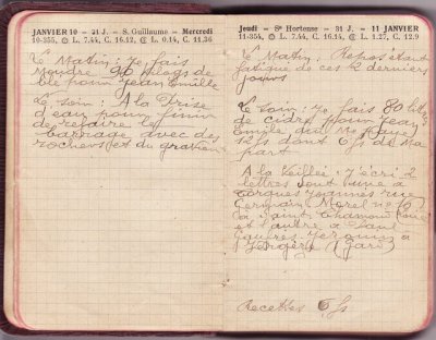 Agenda du Lilet 1923 <p>— Mercredi 10 JANVIER.<br class='autobr' />
Le matin : je fais<br class='autobr' />
moudre 90 kilos de<br class='autobr' />
blé pour Jean Emile<br class='autobr' />
Le soir : A la prise<br class='autobr' />
d'eau pour finir<br class='autobr' />
de refaire le<br class='autobr' />
barrage avec des<br class='autobr' />
rochers et du gravier.
<br />— Jeudi 11 JANVIER.<br class='autobr' />
Le matin : Repos étant<br class='autobr' />
fatigué de ces 2 derniers<br class='autobr' />
jours.</p>
<p>Le soir : Je fais 80 litres<br class='autobr' />
de cidre pour Jean <br class='autobr' />
Emile qui me paye<br class='autobr' />
12 F dont 6 F de ma<br class='autobr' />
part.</p>
<p>A la veillée : J'écris 2<br class='autobr' />
lettres dont une à<br class='autobr' />
Torgues Joannès rue<br class='autobr' />
Germain Morel n° 16<br class='autobr' />
à Saint-Chamond (Loire)<br class='autobr' />
et l'autre à Paul<br class='autobr' />
Gaufrès Jezouin à<br class='autobr' />
Vergèze (Gard)
<br />— Recette : 6 F</p>© Essaillon